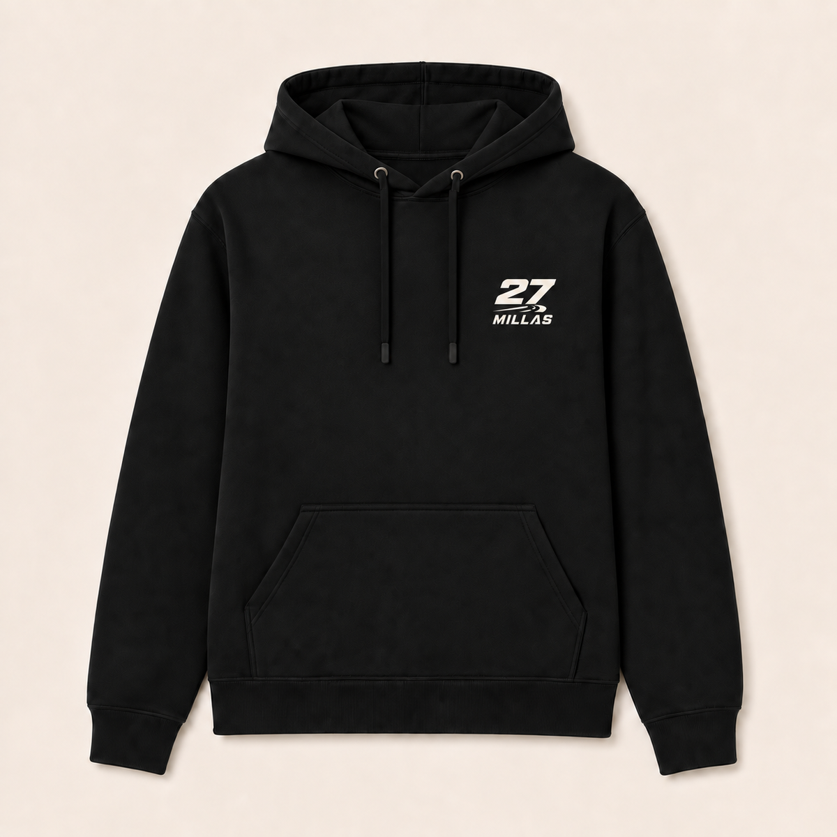 27 Millas — Sudadera con capucha, negro, vista frontal con logo pequeño en el pecho izquierdo