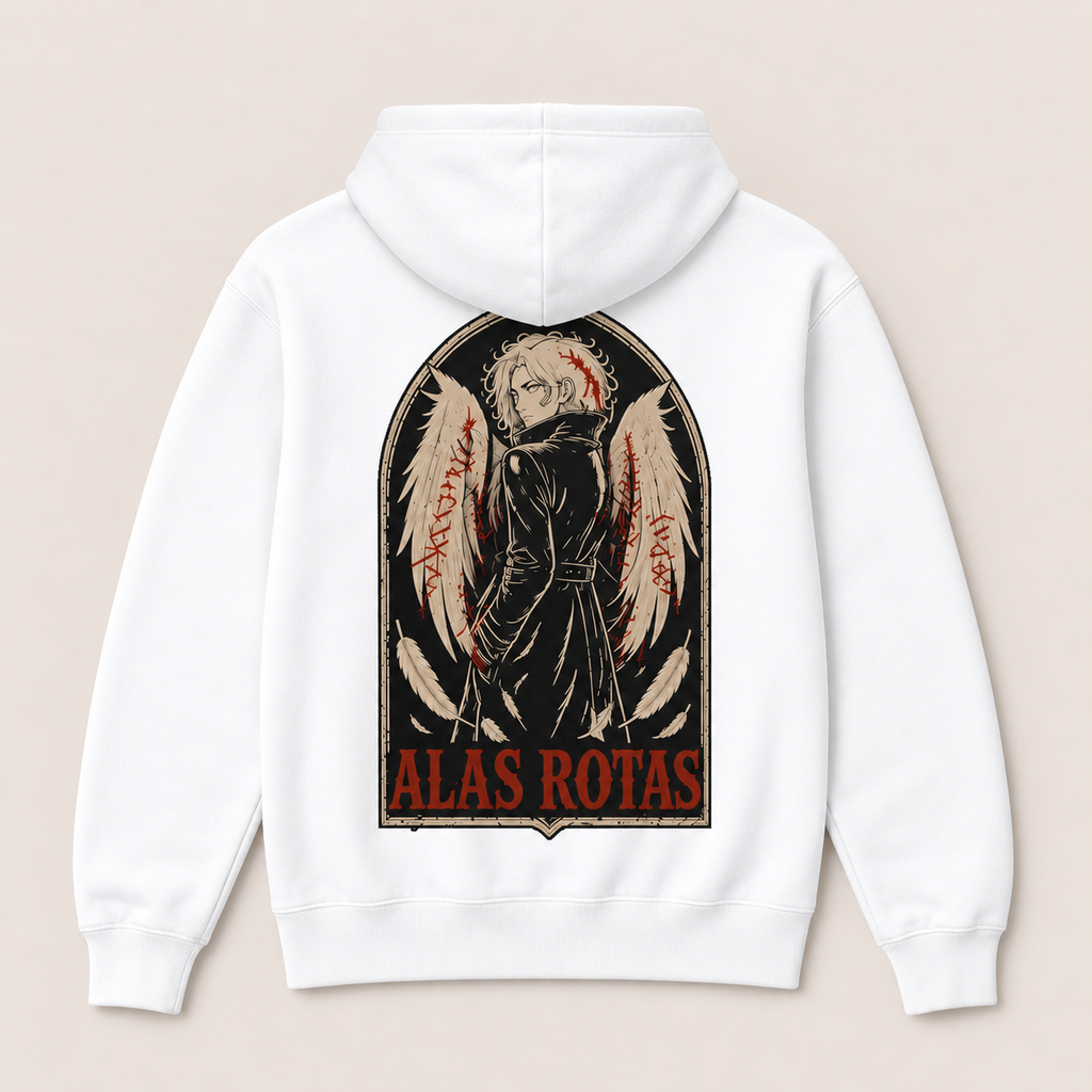 Alas Rotas — Sudadera con capucha, blanco, vista espalda