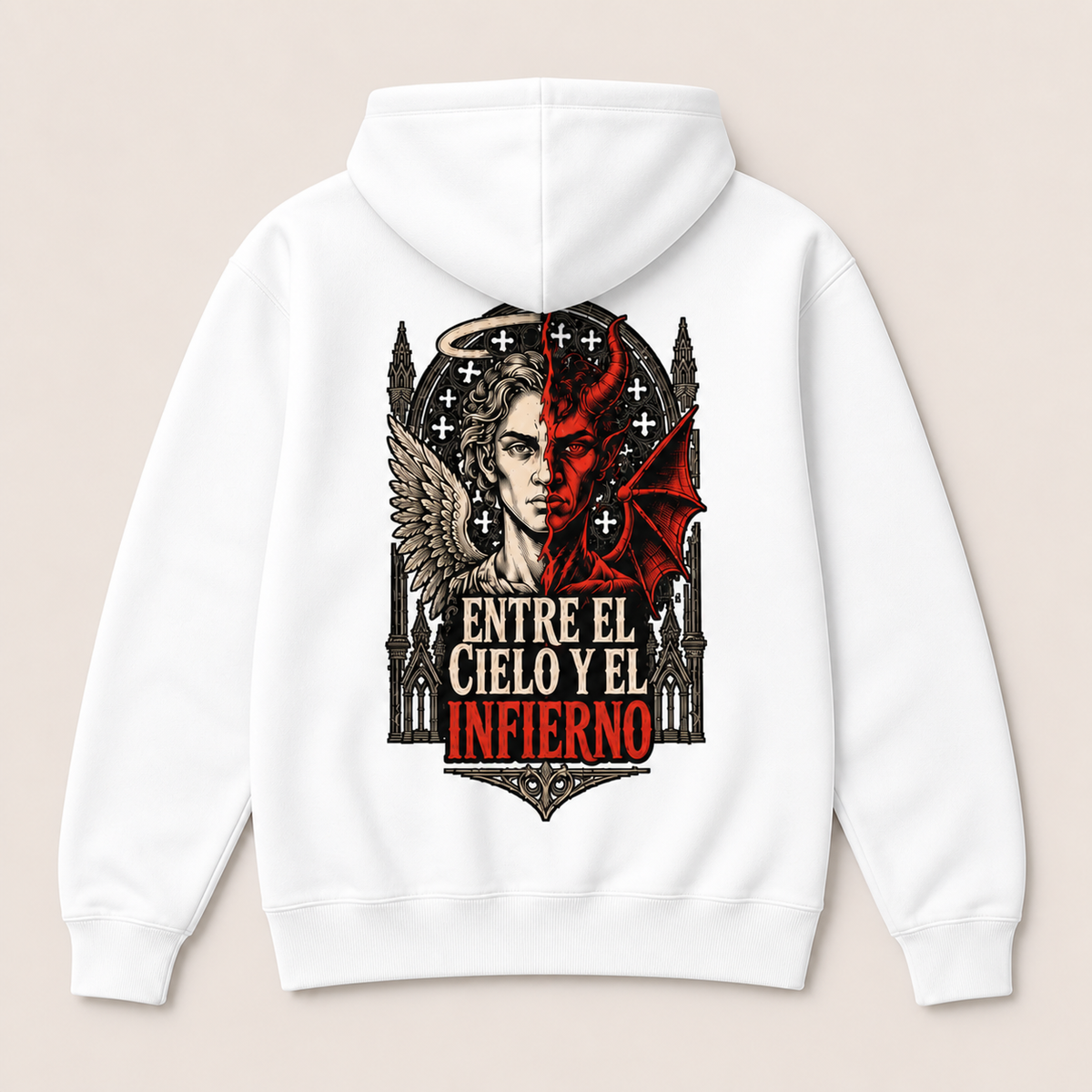 Entre el Cielo y el Infierno — Sudadera con capucha, blanco, vista espalda