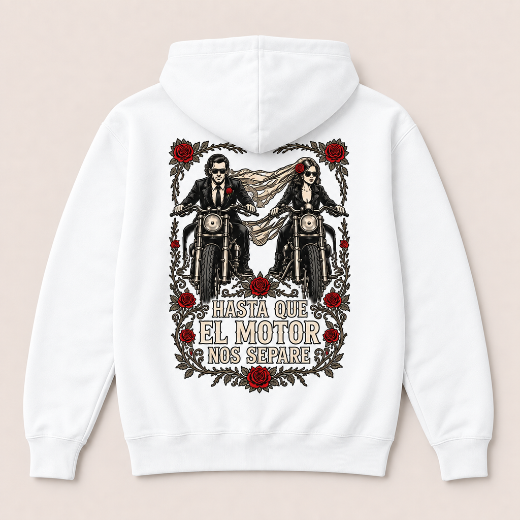 Hasta Que el Motor Nos Separe — Sudadera con capucha, blanco, vista espalda