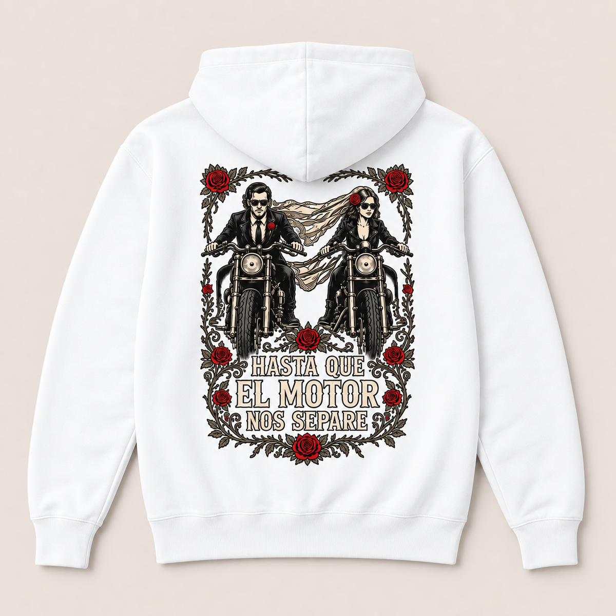 Hasta Que el Motor Nos Separe — Sudadera con capucha, blanco, vista espalda