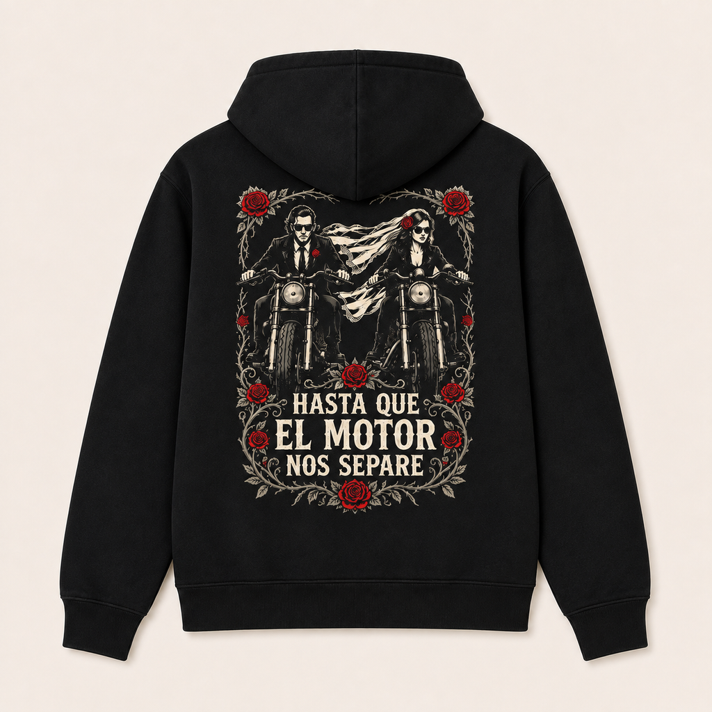 Hasta Que el Motor Nos Separe — Sudadera con capucha, negro, vista espalda