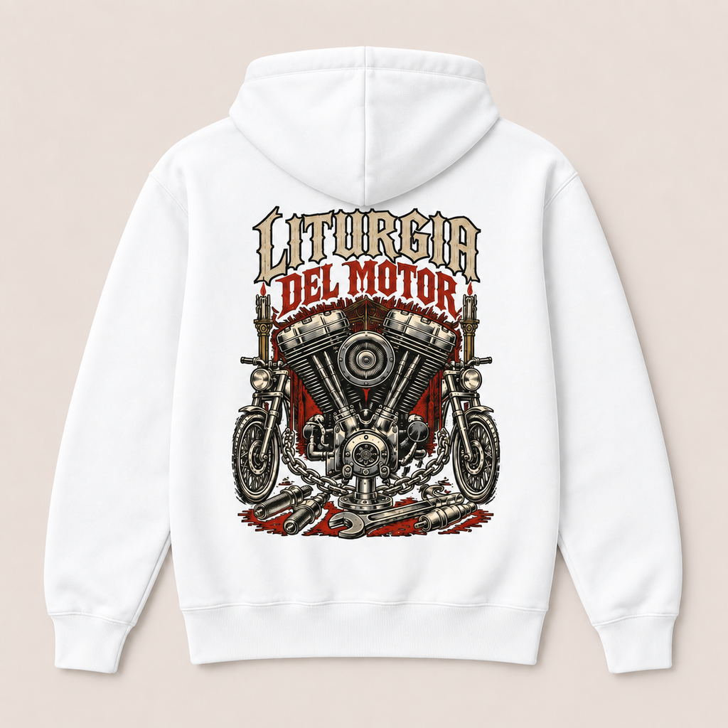 Liturgia del Motor — Sudadera con capucha, blanco, vista espalda