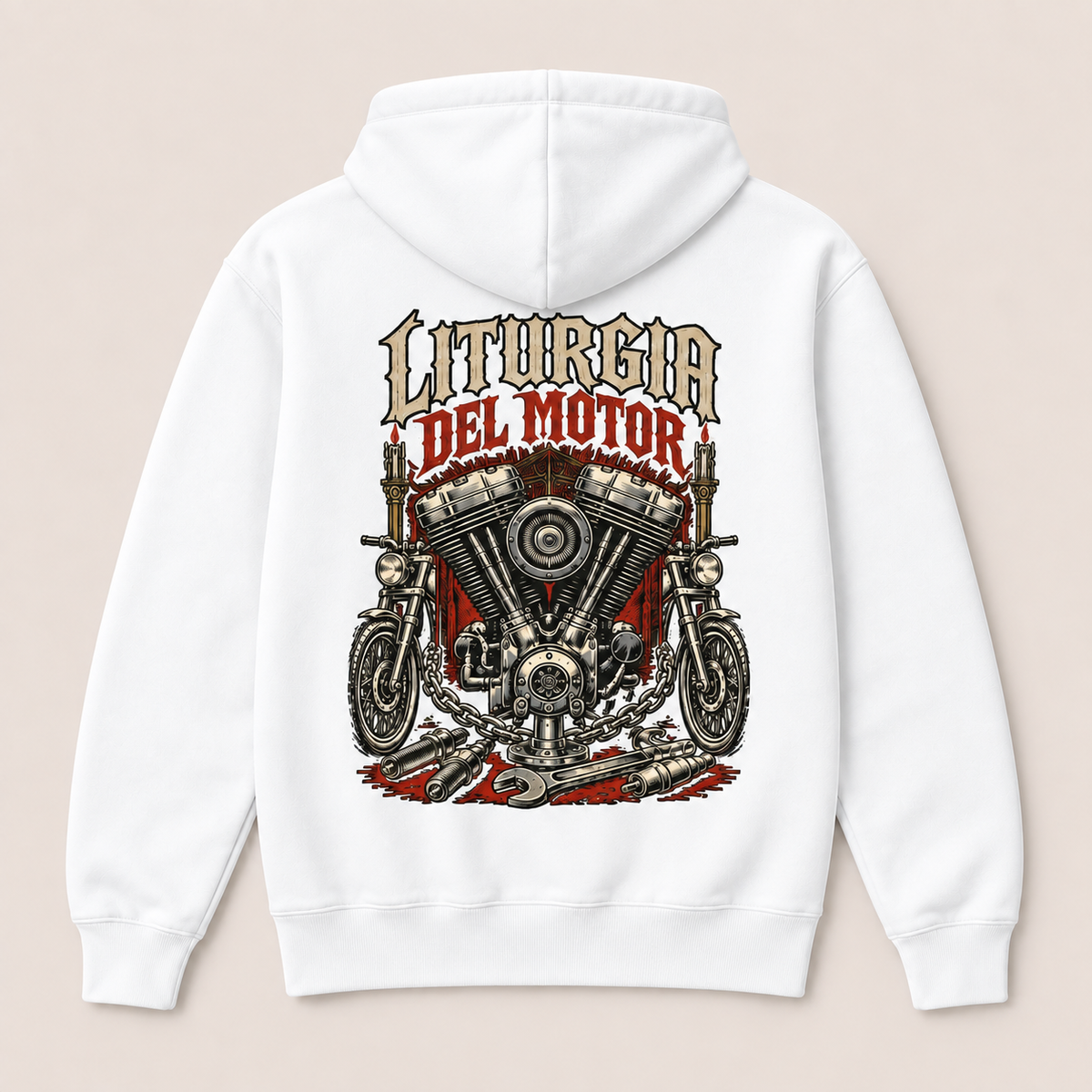 Liturgia del Motor — Sudadera con capucha, blanco, vista espalda