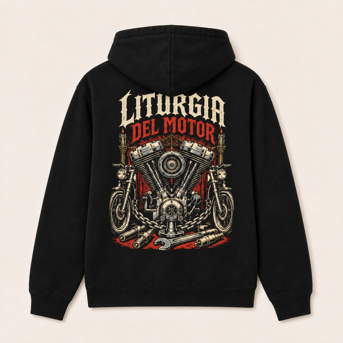 Liturgia del Motor — Sudadera con capucha, negro, vista espalda