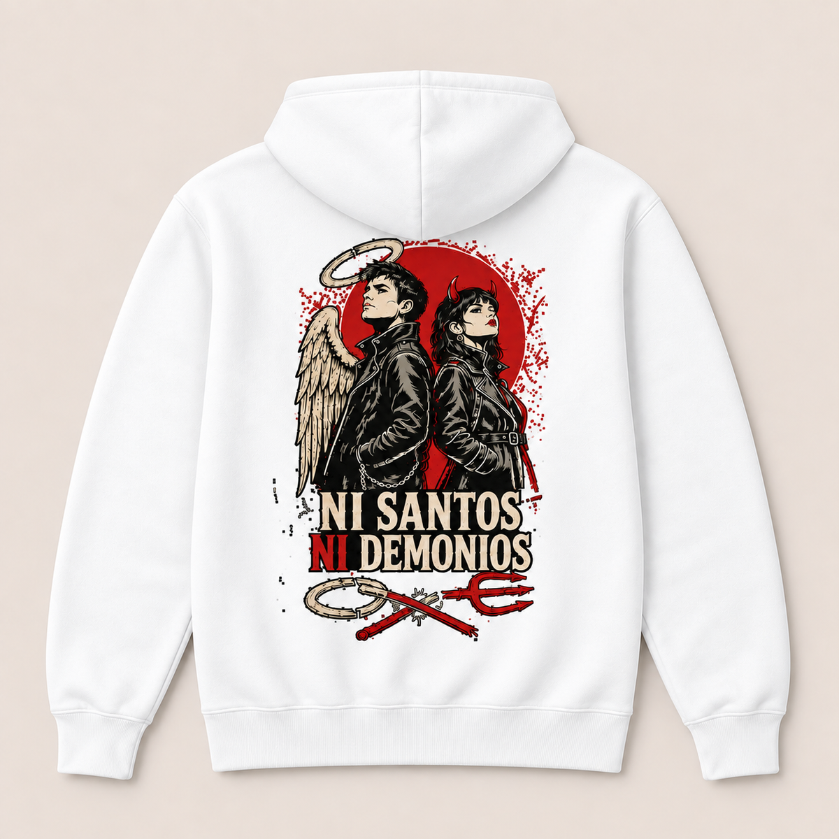 Ni Santos Ni Demonios — Sudadera con capucha, blanco, vista espalda