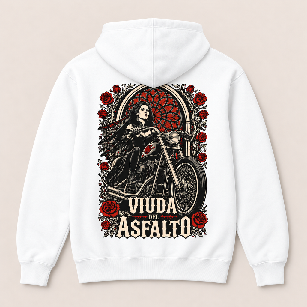 Viuda del Asfalto — Sudadera con capucha, blanco, vista espalda