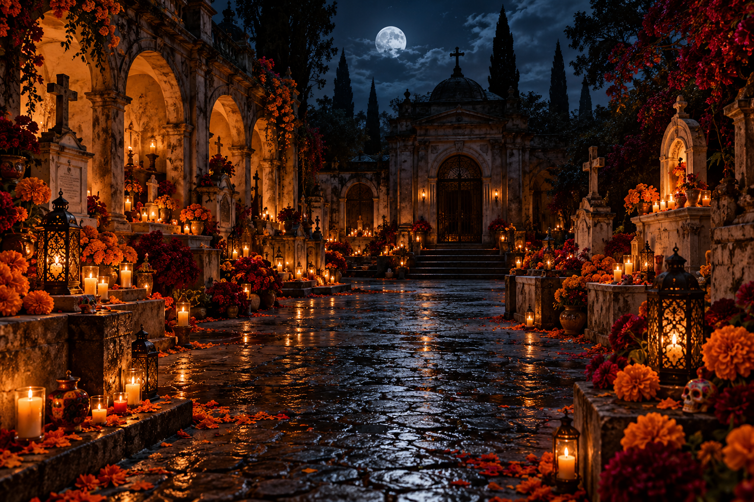 Patio mexicano de Día de Muertos con flores de cempasúchil y velas entre mausoleos.