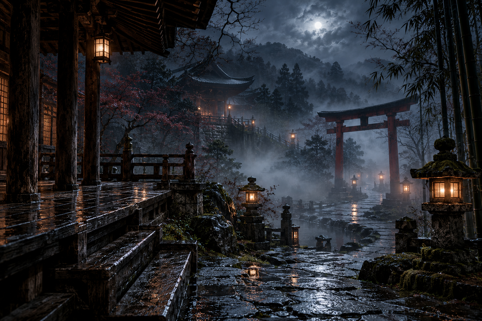 Santuario japonés nocturno entre niebla, con un torii y faroles junto al camino.