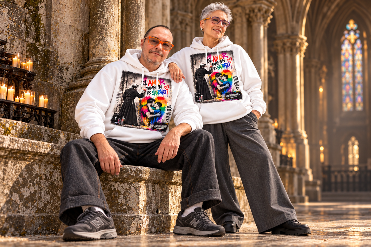 El amor también es sagrado — Sudadera con capucha · Contradicciones · Ambiente místico con Carlos y Encarni