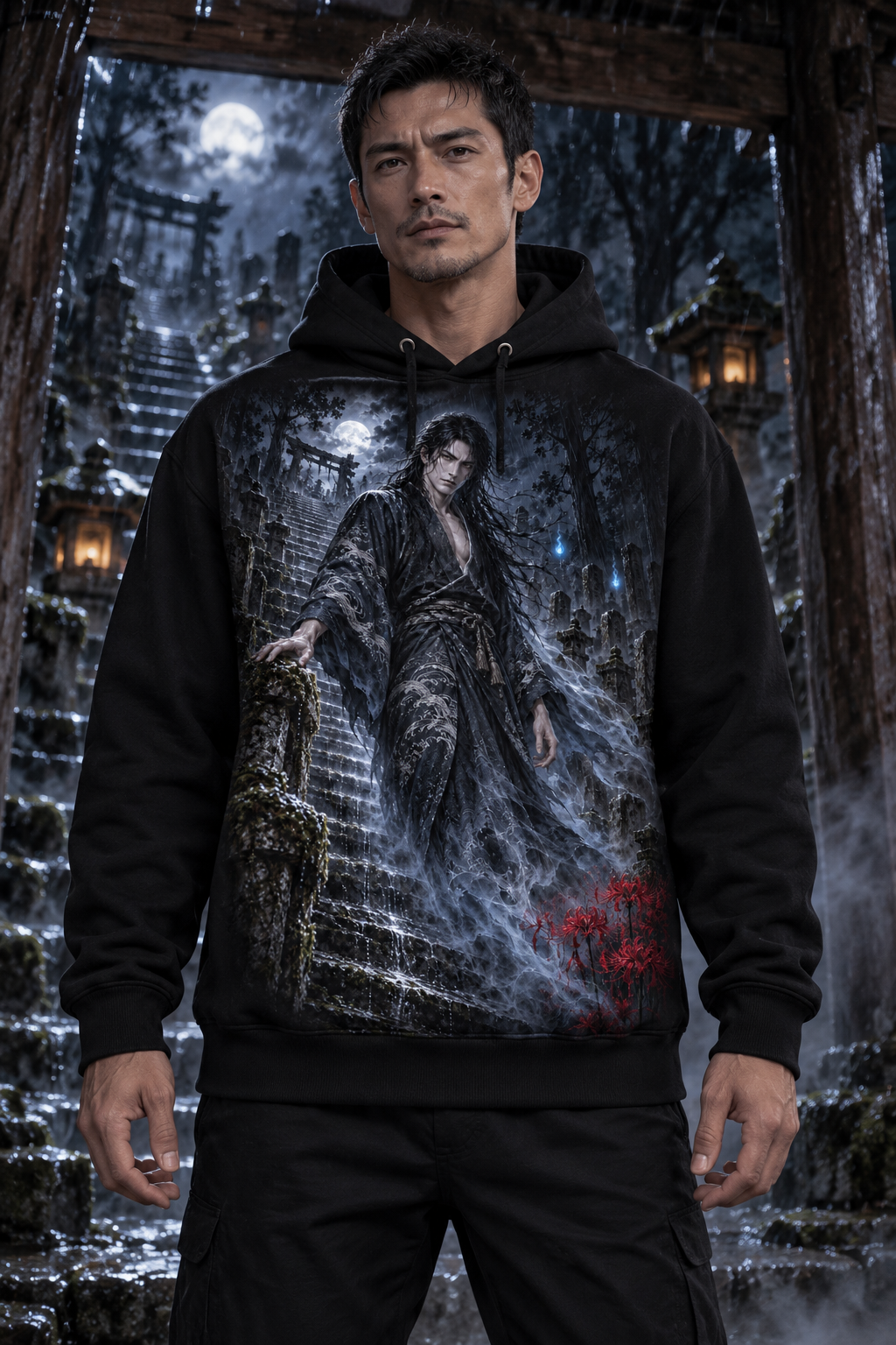 El que desciende con la lluvia — Sudadera negra con capucha y estampado frontal de Yūrei masculino