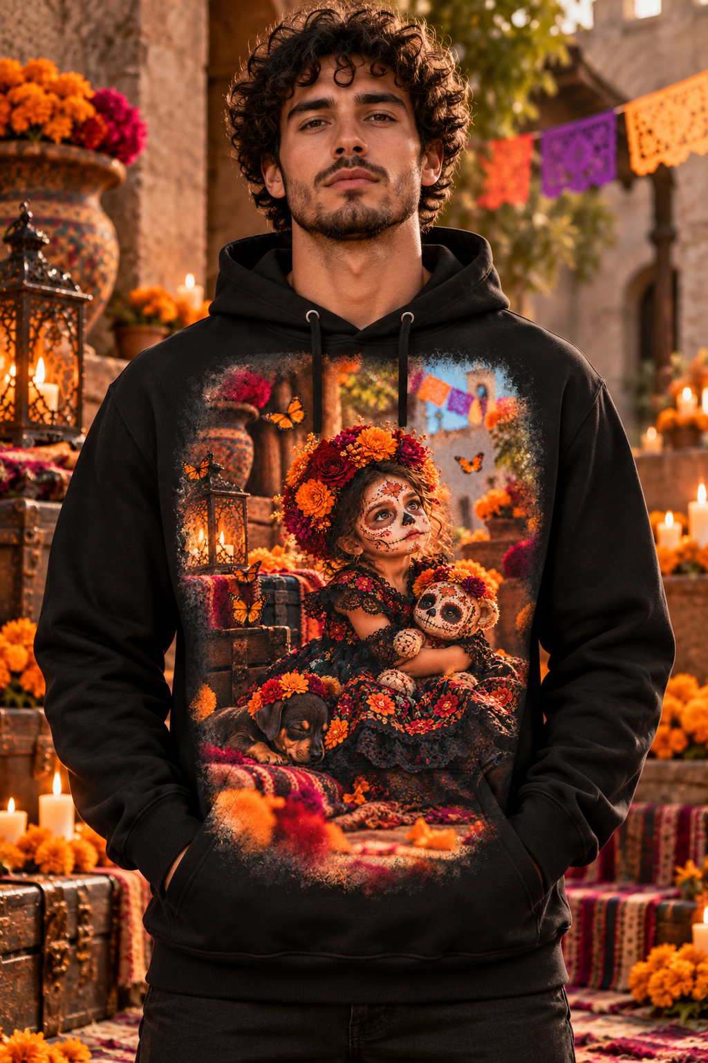 Guardianes del Recuerdo — Sudadera Catrina · Mockup frontal en negro