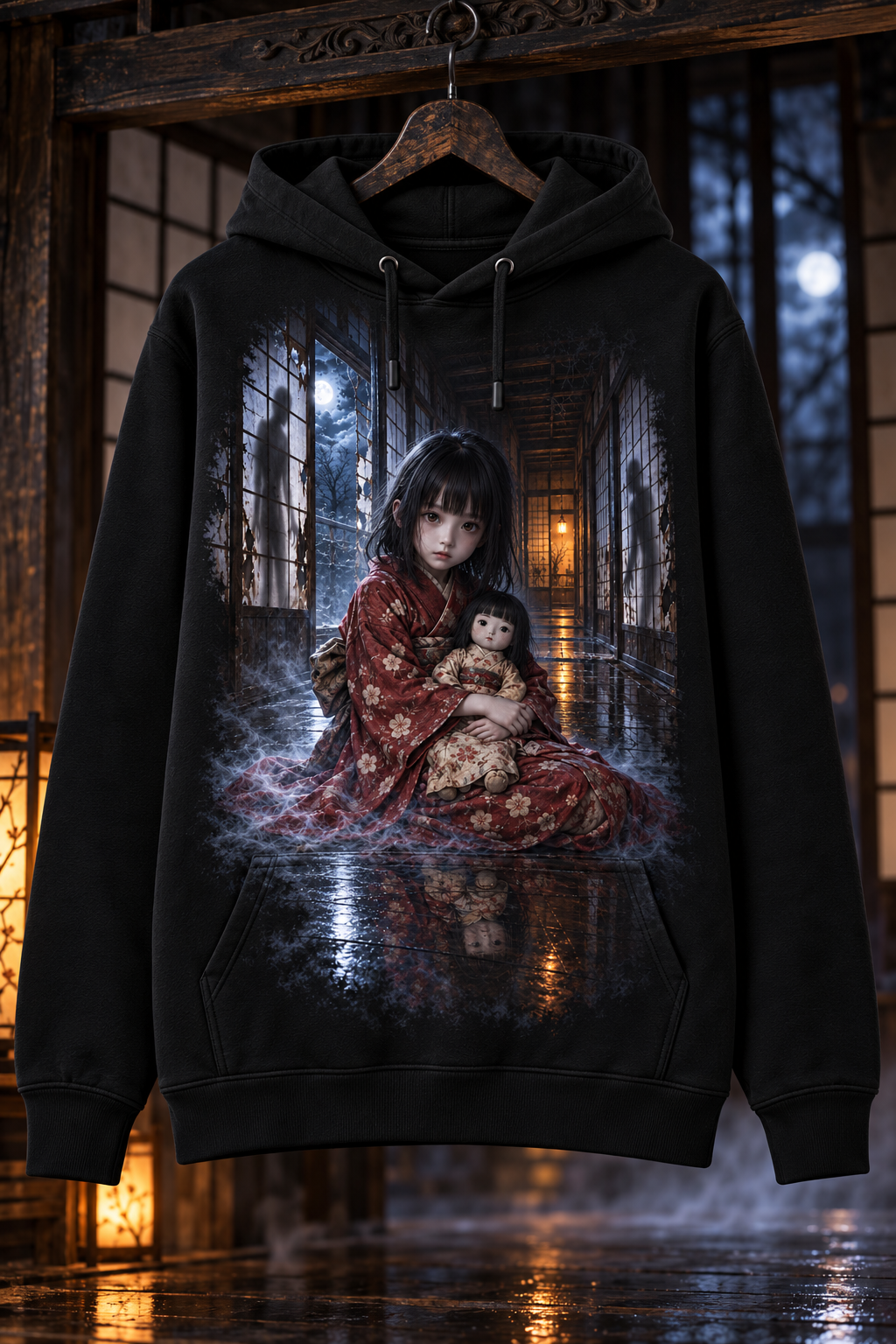 La niña de la última habitación — Sudadera negra con capucha y estampado frontal de fantasma infantil japonés