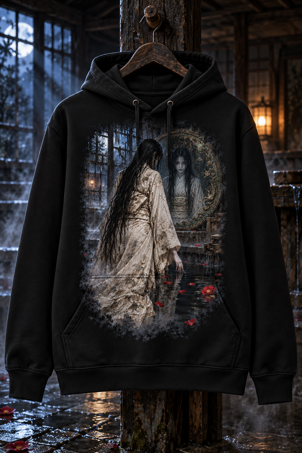 El reflejo que se quedó — Sudadera negra con capucha y estampado frontal Yūrei