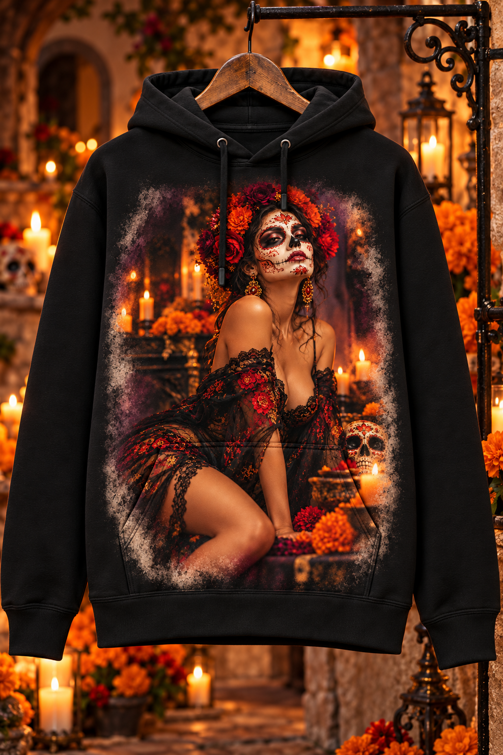 La Última Ofrenda — Sudadera negra con capucha y estampado frontal en un patio con velas